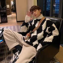 Hualun Japanese checkerboard sweater men winter thick loose student crew neck trend solid color warm knit shirt