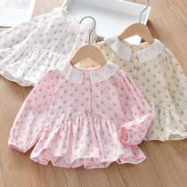 Girls cotton lapel shirt female baby Foreign Cherry Spring and Autumn dress Korean doll shirt bottom cardigan baby