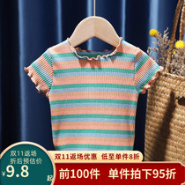 Girls t-shirt 22 summer clothes new baby short-sleeved colorful striped lace collar cotton middle and small childrens tops t-shirt childrens clothing