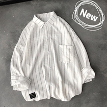 2022 Summer New Casual 70% Sleeve Shirt Male Loose Big Code Striped Sports Shirt Han Edition Trend Inch