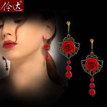 LINGLADY Lingda ethnic style earrings Red Rose earrings antique temperament earrings earrings earrings earrings without ear clip