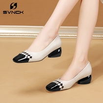 Coarse heel single shoes womens leather square head small leather shoes new womens shoes shallow shoes British middle heel ladyshoes women WL0814