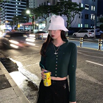 Late night wind ins retro rainbow button knitted cardigan Early autumn thin lapel short umbilical top sweater