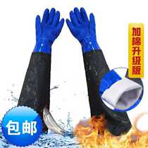 Catch fish non-slip waterproof plus suede thickened Lotus Root Glove Car Wash Exclusive Selling Fish Pick Up Winter Anti-Chill Lengthened Gloves