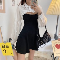 2021 autumn new Korean style stacked long-sleeved shirt blouse slim slim suspender dress two-piece set