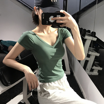 With chest pad back yoga dress womens tight fitness short sleeve quick-drying sports shirt summer T-shirt sexy Big V collar half sleeve