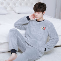 Sleepwear Male Winter Coral Suede Thickened Garnter Warm Mens Flannel Autumn Winter Plush Long Sleeve Home Suit Suit