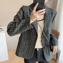 Tweed plaid suit jacket womens spring and autumn short small man Korean version of British style temperament suit womens coat tide