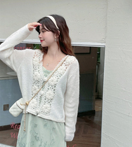 MOBAI very airy sweater autumn retro sweet and gentle wind solid hook flower hollowed-out knit cardiovert V collar blouse