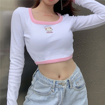 H family first love style pink edge U collar tight short thread knitted T-shirt women cute cat embroidered top white