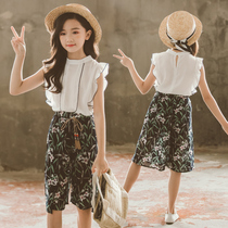 5-13 years old girls suit summer 2021 New zhong da tong Korean version of the Western style chiffon wide leg pants children two-piece set