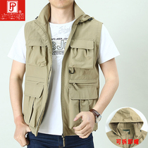  Mens spring and summer outdoor leisure multi-pocket fishing vest Photography Hooded vest Jacket Horse clip male