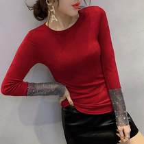 European Station 2022 Spring and Autumn Fashion New fashion inlaid drill undershirt Long sleeves T-shirt woman 100 hitch knitwear