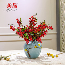 Moving to the opening of the new house red pulp simulation Holly cranberry trigeminal fruit with leaf arrangement single branch decoration fake flower