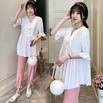 Net red pregnant women summer suit out fashion 2021 New does not show belly pregnant womens two-piece foreign atmosphere