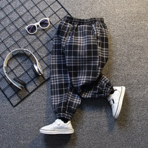 Childrens clothing Boys  pants spring and autumn and summer male baby plaid thin anti-mosquito pants drawstring feet summer ice silk pants tide