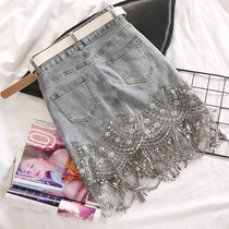 Denim skirt womens summer bag hip skirt fashion sequin tassel high waist spring new slim sexy one-step skirt