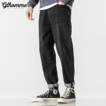Autumn new mens jeans loose straight trendy brand Korean version of the trend Joker thick black long pants mens Tide brand