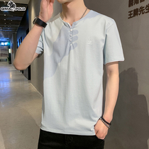 Paolo male style T-shirt 2022 Summer short sleeve small V collar short sleeve shirt male clothing ice silk cotton cold feel buttoned with half sleeve blouse