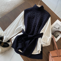  Nordic niche temperament Swedish minimalist belt twisted pattern turtleneck knitted shawl Vest Wool cloak