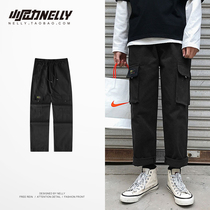 Hong Kong style overalls mens fashion brand Japanese retro multi-pocket casual pants Harajuku style loose straight nine-point pants for men and women
