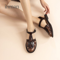 Inman womens shoes 2021 spring and summer vacation new flat heel Roman sandals womens shoes retro hollow flat shoes Joker