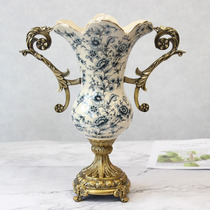  European-style luxury creative high-legged binaural large vase American-style New Chinese living room entrance ceramic decoration ornaments
