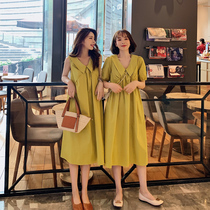 2022 Summer new one-piece dress female fruit green long dress Korean version relaxed v collar sisters Temperament Senna Dress