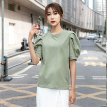 Net red female blouse 2022 Summer new lantern sleeves Round Collar Loose clear and white hitch anti-fall short sleeve T-shirt Female dress