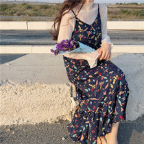 Hipster sling floral dress female 2020 spring and summer new sweet fan long chiffon a-shaped fishtail skirt
