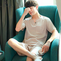 Mens short-sleeved silk pajamas Mens summer silk ice silk summer thin youth trend home service suit Mens zs