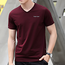 Summer men short sleeve t-shirt v collar pure cotton date red half sleeve pure color loose casual upper clothing trending undershirt