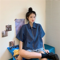 Summer new short sleeve shirt female Korean version of loose design sense zipper short jacket students wear college style shirt