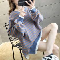 Korean spring and autumn clothing 2021 new super fire cec long sleeve stripes fake two pieces of sweater female Korean loose base shirt