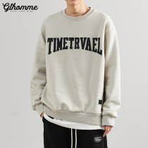 Spring and autumn new mens sweater round neck trend loose Joker printing long sleeve plus velvet padded tide coat