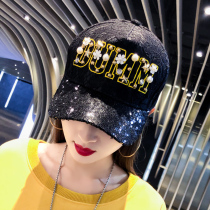 Hat lady Spring and autumn Korean version Chaurette lace with drill bright sheet baseball cap Fashion sun hat summer net red 100 lap duck tongue cap