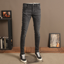 Black Grey High-end Mens Jeans Spring summer style Tide Cards Elastic Body small leggings Casual Washed long pants