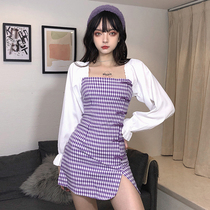 H home retro national tide wind purple plaid stitching improved cheongsam French square collar bubble sleeve disc buckle split skirt