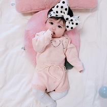 South Korea Spring and Autumn Womens Baby Triangle Knitted Climbing Clothes Sweet Princess Hollow Cotton One-piece Full Moon Banquet