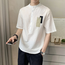 Mens short sleeves cotton linen shirt for body Han version 50% Breathable Upright Collar Blouse Youth 100 Hitch Fashion Tide Middle Sleeve