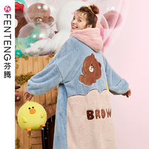 Fenten Brown Bear Pajamas Women Autumn and Winter Plus Padded Coral Velvet Padded Coral Velvet Long Nightdress Women Winter Bathrobe