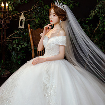  Main wedding dress 2021 new French bride high-end sense one-shoulder luxury temperament large tail covering thick arms