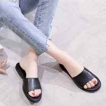 Leather flat slippers womens Hong Kong style retro fashion outer wear ins simple all-match full cowhide soft-soled sandals