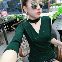Korea Tide brand 2021 early autumn and winter new fashion sexy V collar t-shirt women long sleeve slim Joker net yarn base shirt