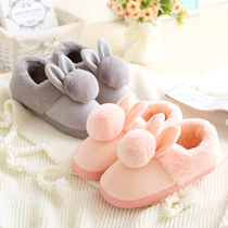 With root cotton slippers womens winter plus velvet warm bag feet thick bottom non-slip hair ball cute heel moon shoes all-inclusive