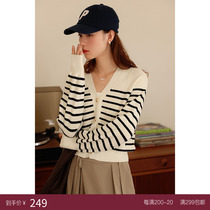 Deer and Birds Autumn New Shrink Hem Sea Soul Striped Shirt V-neck Thin Knit Cardigan 4518