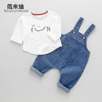 Baby strap pants spring and autumn men 1-3 years old big pp pants denim foreign style can be opened cotton baby suspenders Women 2