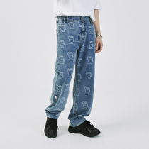 SAMESAME new pint of light color mascot jacquard jeans retro-washed straight cylinder casual long pants trendy men and women