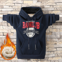 Autumn and winter natal red boys sweater thickened and velvet silver fox velvet middle-aged children and adolescents trendy cotton with hood
