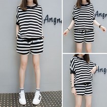 Hong Kong 2021 summer size womens stripes short sleeve loose casual sportswear set womens two-piece set